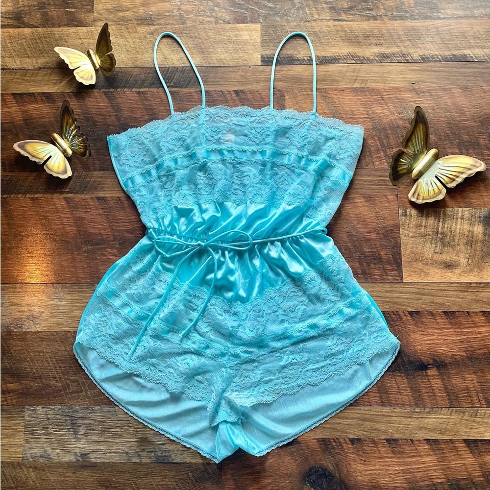 Vintage 1970s Texsheen Lingerie Blue Lace Teddy